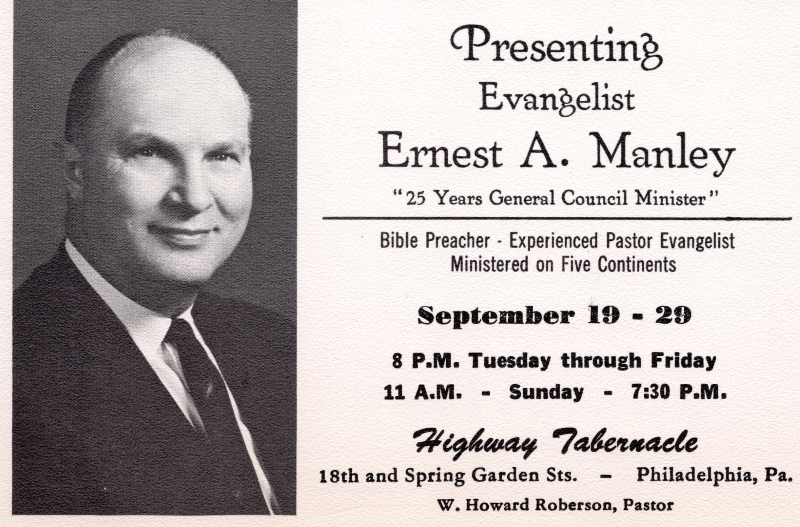 Card announcing a sermon series from Evangelist Ernest A. Manley September 19-29 at Highway Tabernacle (18th and Spring Garden)