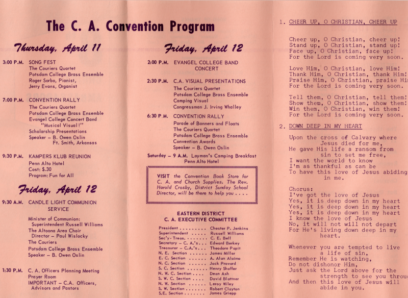 Convention program, advertisement for the convention book store, Eastern District C. A. Executive Committee; Lyrics to Cheer Up, O Christian, Cheer Up and Down Deep in My Heart