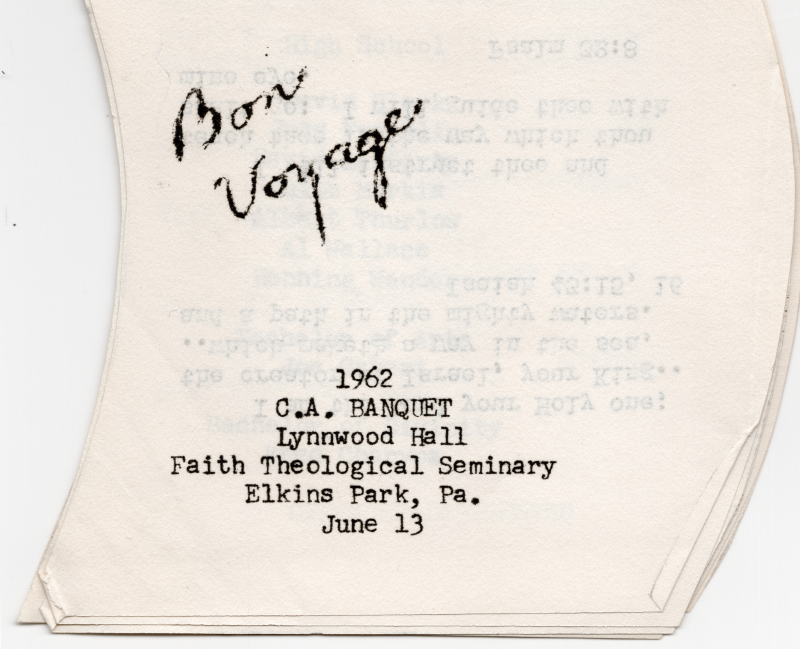 Cover reading, "Bon Voyage, 1962, C. A. Banquet, Lynnwood Hall, Faith Theological Seminary, Elkins Park, Pa., June 13."