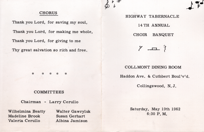 Front Cover: Event name, location, and date surrounded by musical symbols; Back Cover: Chorus lyrics, committees leadership