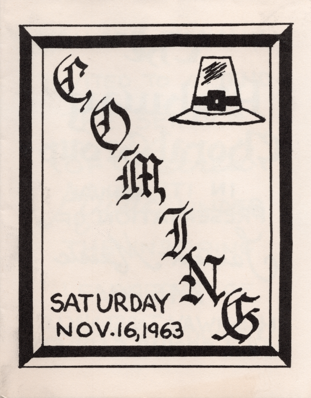 Cover: "Coming, Saturday, Nov. 16, 1963" with a drawing of a pilgrim's hat