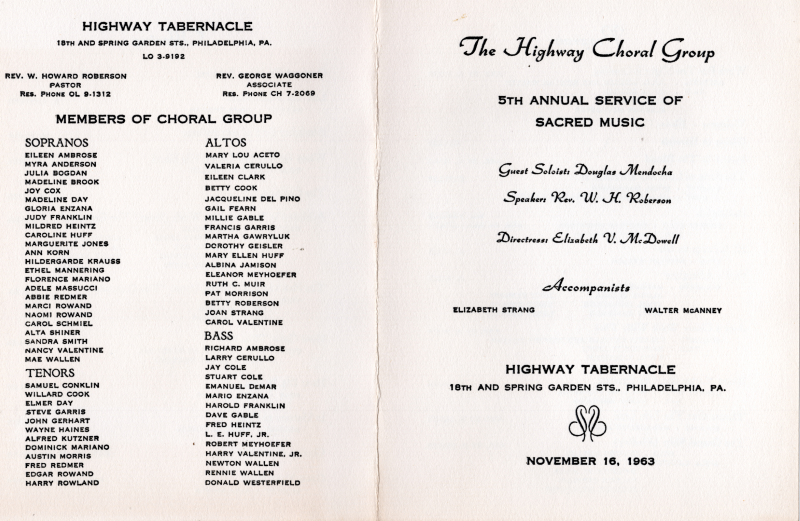 Front Cover: 5th Annual Service of Sacreed Music, introducing non-singing performers and leadership, event location and date; Back Cover: Church locaation, pastors' contact information, members of the choir