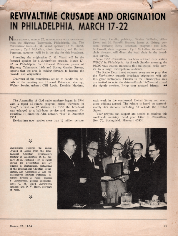 An article informing readers about the upcoming Revivaltime broadcast at Highway