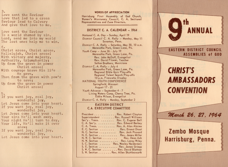 Cover: "9th Annual Eastern District Council, Assemblies of God, Christ's Ambassadors Convention, March 26, 27, 1964, Zembo Mosque, Harrisburg, Penna."; Words of Appreciation, District C. A. Calendar, Eastern District C. A. Executive Committee; Song lyrics