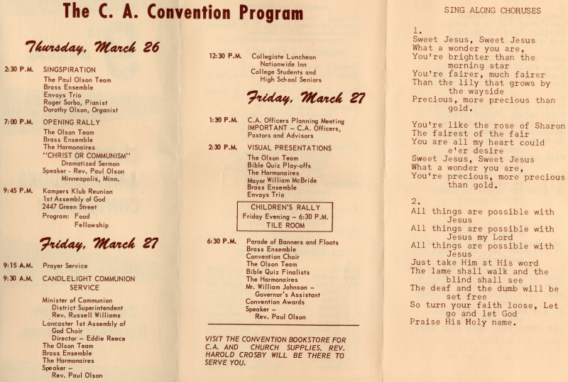 Convention program, bookstore advertisement; sing along choruses lyrics