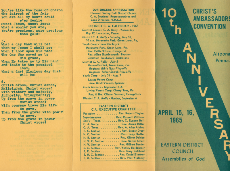 Front Cover: "10th Anniversary Christ's Ambassadors Convention, Altoona, Penna., April 15, 16, 1965, Eastern District Council, Assemblies of God"; Expression of gratitude to those that helped facilitate the convention, District CA calendar for 1965, Eastern District CA exectuve committee; Convention chorus lyrics