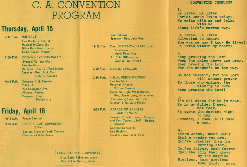 Program of events, including musicale, Bible Quiz, Evangel College Choir, Candlelight Communion, Speed-the-Light, and Betty Roberson as an organ accompanist; Convention chorus lyrics