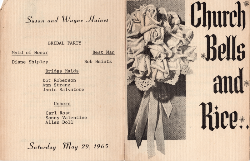 Front Cover: "Church Bells and Rice. ." with an image of a bouquet; Back Cover: Names of the bride and groom, members of the bridal party, wedding date