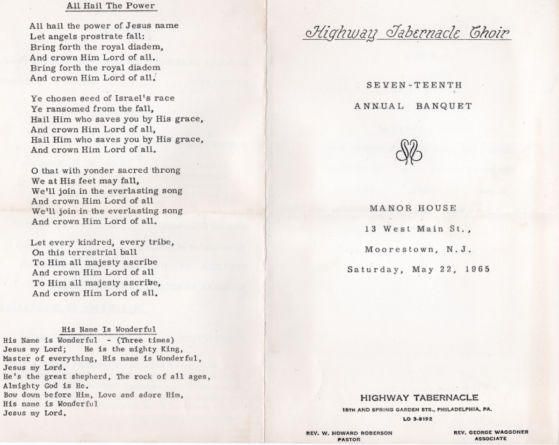 Front Cover: Event name, location, and date, church and church leadership contact information; Back Cover: Lyrics to All Hail the Power and His Name is Wonderful
