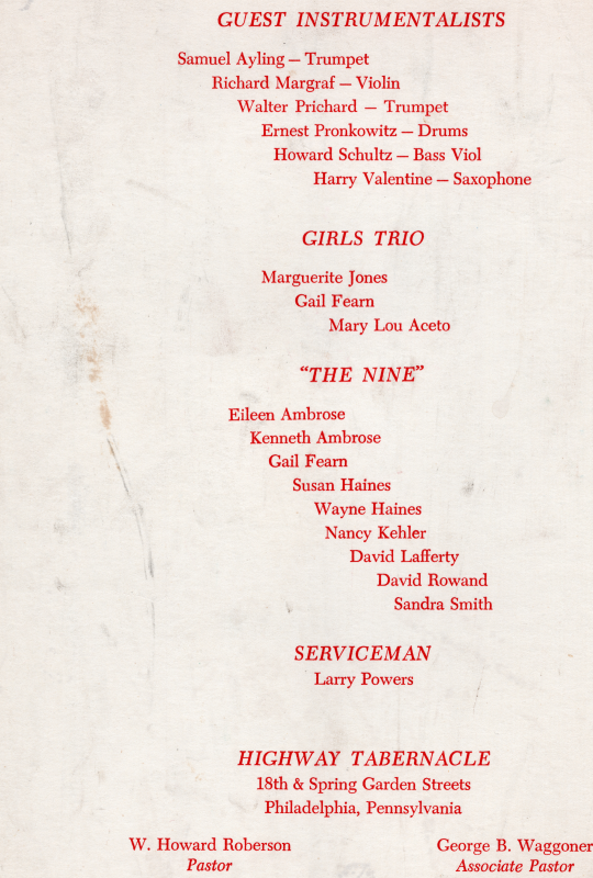 Back cover: Guest instrumentalists, girls trio members, members of "The Nine," serviceman, church name and address, church pastor and associate pastor