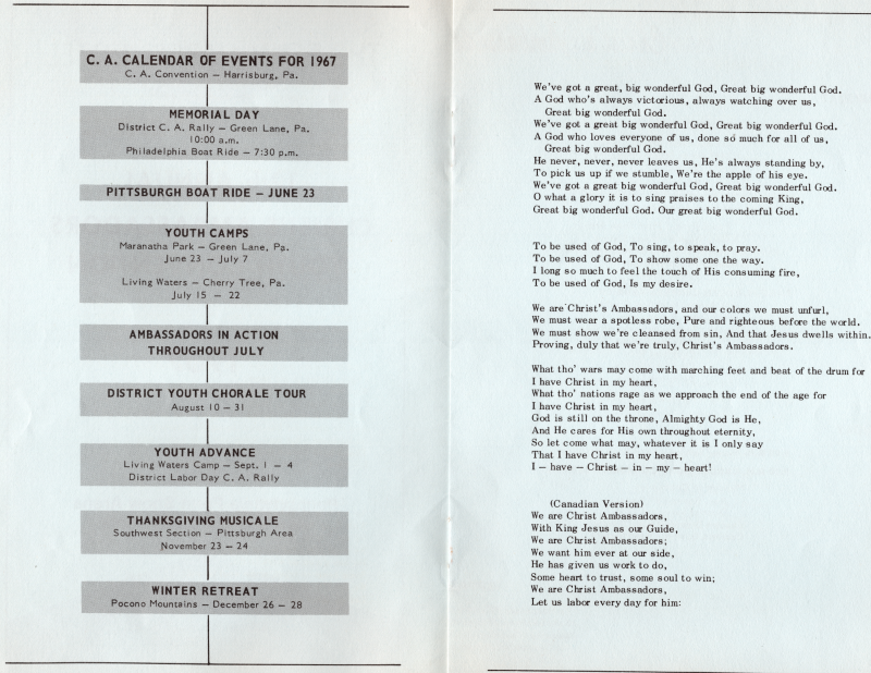 C. A. Calendar of Events for 1967; Lyrics to Christ's Ambassadors song or chant