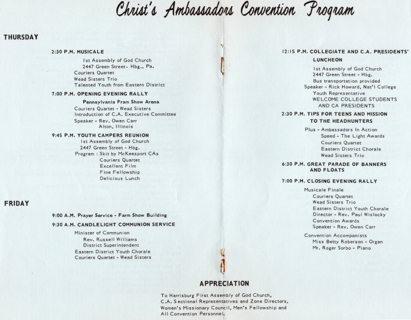 Program of events, expression of apprectiation to those who helped construct the event