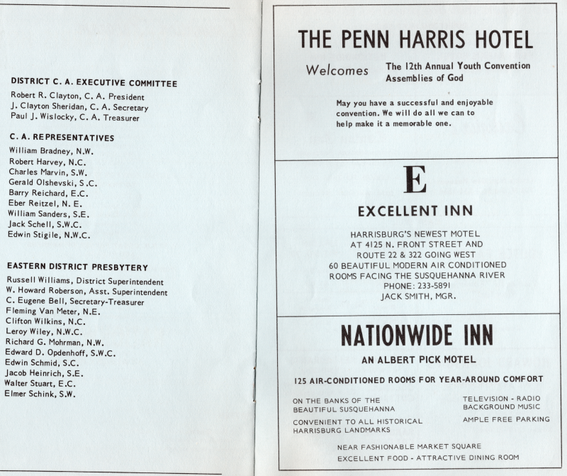 District  C. A. Executive Committee, C. A. Representatives, Eastern District Presbytery; Advertisements for hotels near the convention