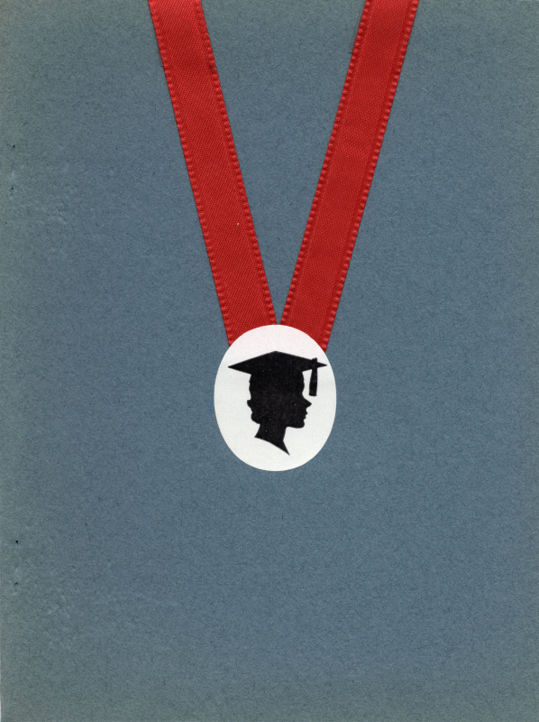 Cover: A silhouette of a graduate with red ribbon on blue construction paper