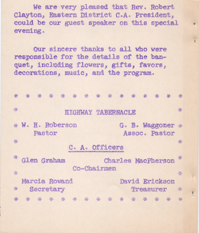 Welcome message for guest speaker, Rev. Robert Clayton, thank you message for all who helped organize the event, Highway Tabernacle leadership and Christ's Ambassadors' officers