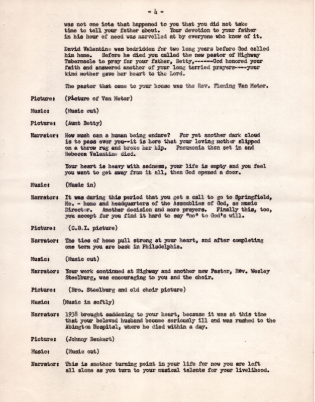 Discusses the passing of Aunt Betty's father, finding a new father in Rev. Fleming Van Meter, Aunt Betty's work at AG headquarters in Springfield, MO, her return to Philadelphia, and the death of her husband