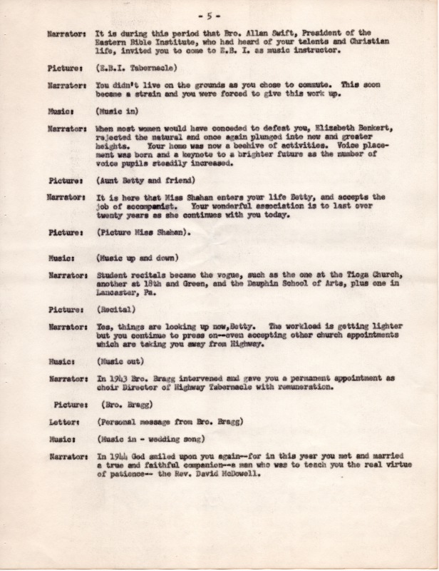 Discusses Aunt Betty's employment path that ultimately ended with her work as a vocal coach and choir directress. Introduces her marriage to Rev. David McDowell
