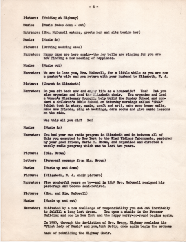 Aunt Betty's life as a pastor's wife in Elizabeth, NJ, and her work in that role, the opening of a studio in New York after Rev. McDowell's retirement, and her return to Philadelphia to revive the Highway Choral Group