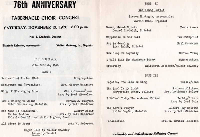 Event title, time and date, and leadership, program of performances split into three parts, with part two dedicated to "The Young People"