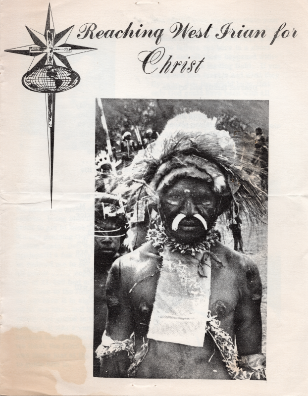 A photo of a West Irian man with the text, "Reaching West Irian for Christ" and an image of a cross and a globe