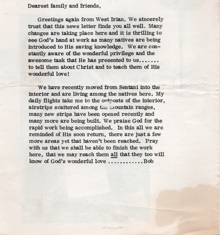 Letter from Bob Donald thanking those giving to his mission, and informing of a recent move to live with the native peoples of West Irian (now West Papau)