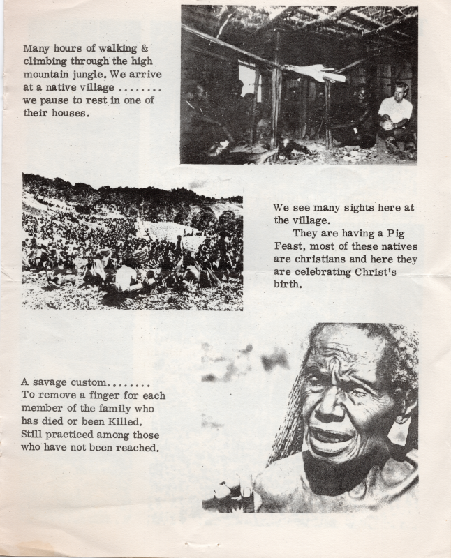 Photographs of a home, a village pig feast, and an older person. A discussion of a celebration of Christ's birth for native peoples is contrasted with what Donald describes as "savage customs"