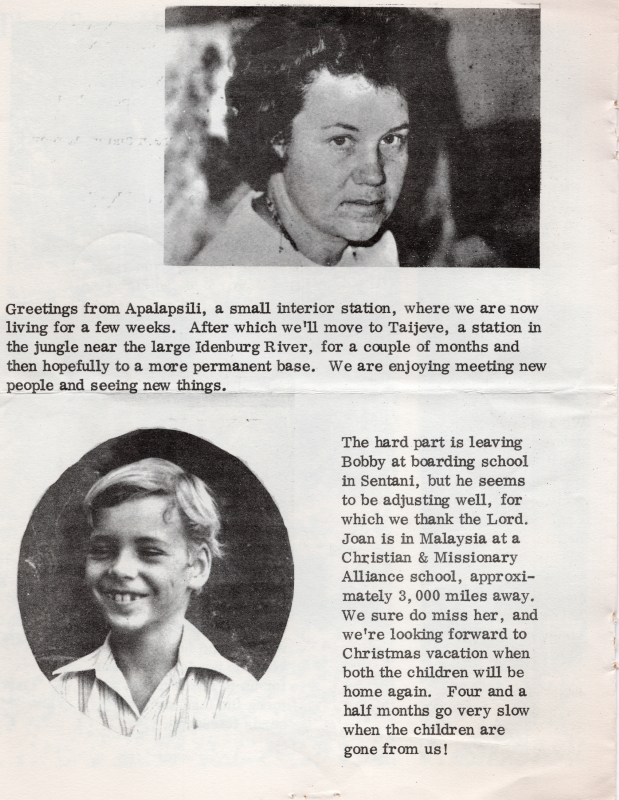 Photograph of a woman in Donald's family with text describing the family's recent move in more detail. A photograph of young Bobby Daniel is complemented by text describing leaving him in a boarding school in Sentani and their older daughter's matriculation at a Missions school in Malaysia