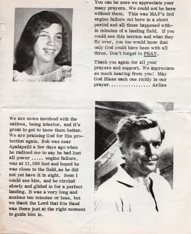 A portrait of a young woman is accompanied by a request for continued prayer. A portrait of a man next to a testimony of landing a plane despite an engine failure