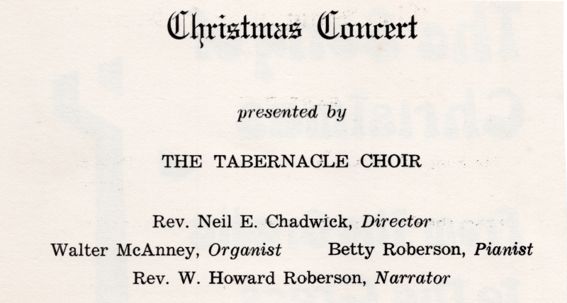 Christmas Concert card presented by The Tabernacle Choir with a listed director, organist, pianist, and narrator