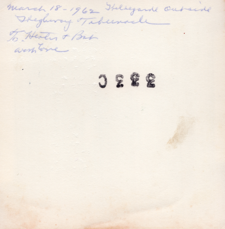 "March 18, 1962, Hildegarde outside HighwayTabernacle, To: Helen and Bob"