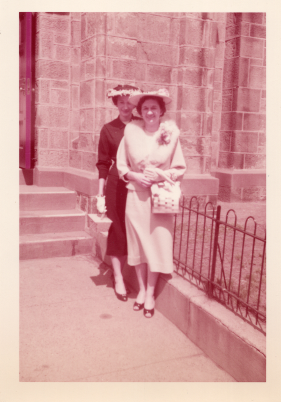 Eleanor and Dorothy pose together outside the church (19th and Green) for a portrait