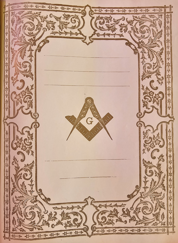 A blank dedication page adorned with gold ink and a Freemason's logo