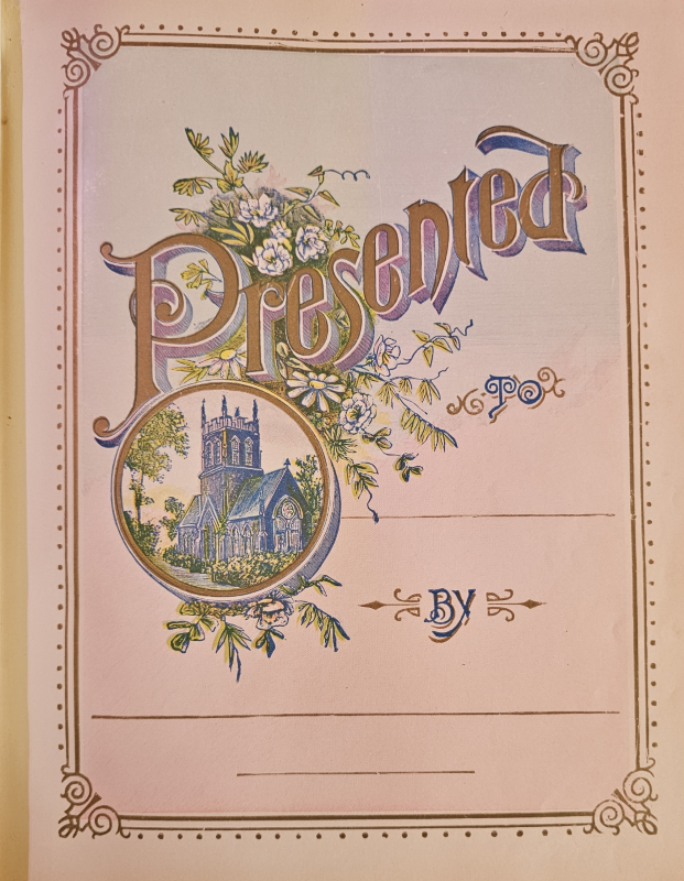 A blank presentation page that reads "Presented By" and contaiins illustrations of florals and of a church