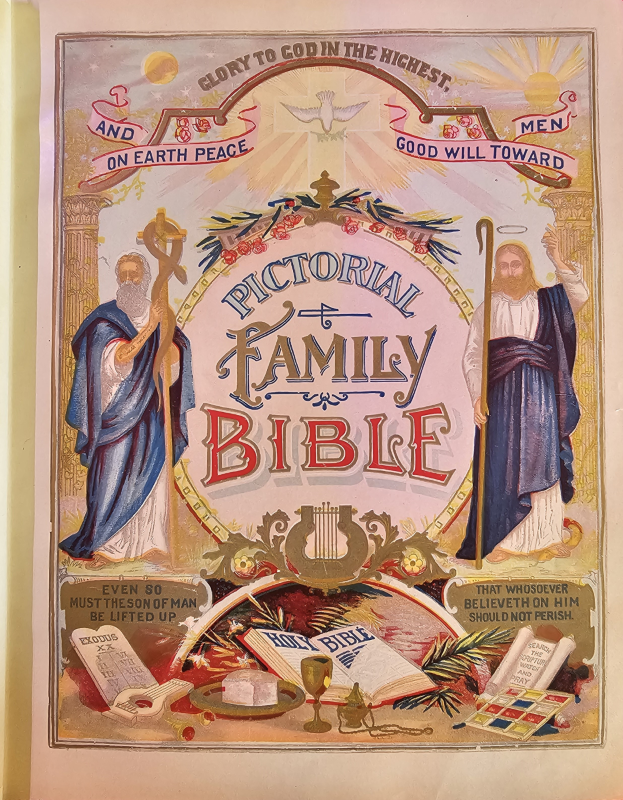 An illustrated page reading "Pictorial Family Bible"