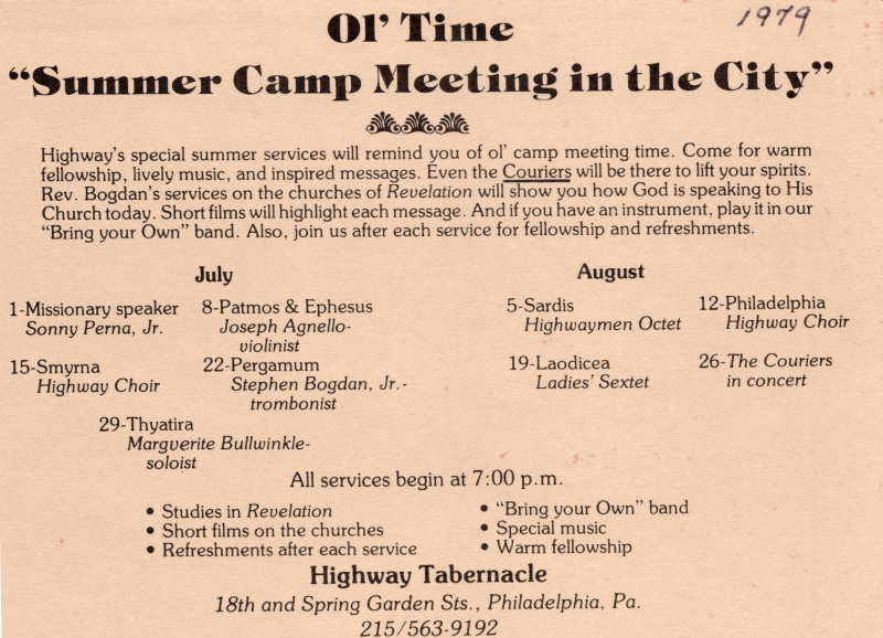 Invitation to services meant to be reminiscent of old camp meetings at Highway. Missionary speakers and musical guests are advertised.