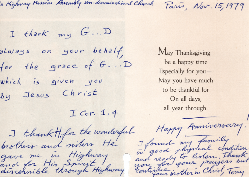 Letter from Tony congratulating the church for their 85th Anniversary