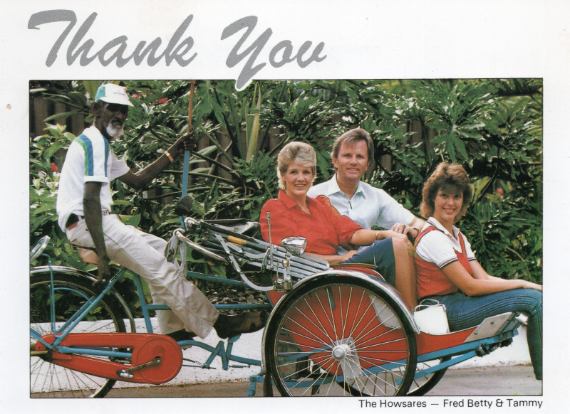 Card with a photograph of the Hoswares in a cart reading "Thank You"