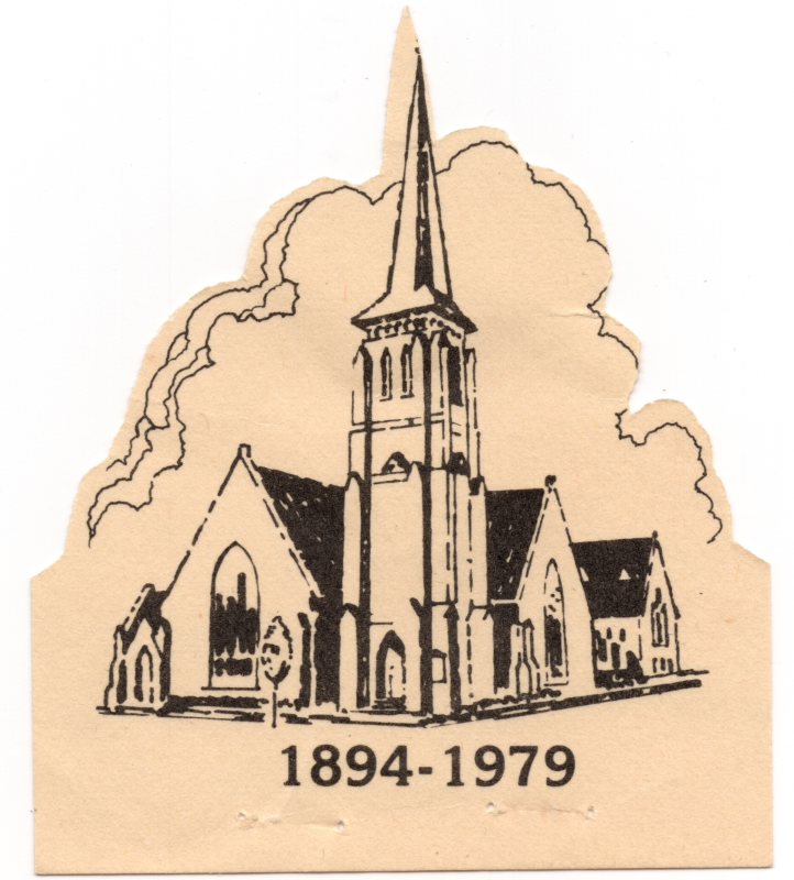 Cutout of an illustration of Highway Tabernacle (18th and Spring Garden) reading "1894-1979" to celebrate Highway's 95th Anniversary