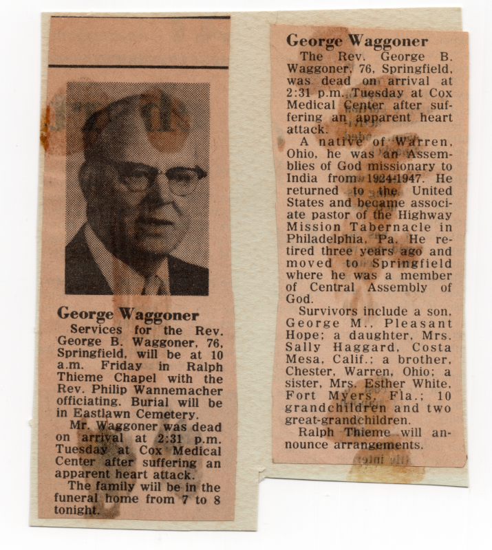 Newspaper announcing the death of George Waggoner with a brief biography of his life, including his time as associate pastor at Highway