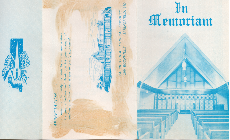 Front Cover: "In Memoriam" with an illustration of Ralph Thieme Chapel; Advertisement for Ralph Thieme Funeral Services; Illustration of a church