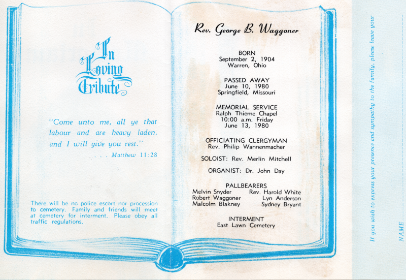 Matthew 11:28, instructions for the interment; Funeral program information; Card to express condolences