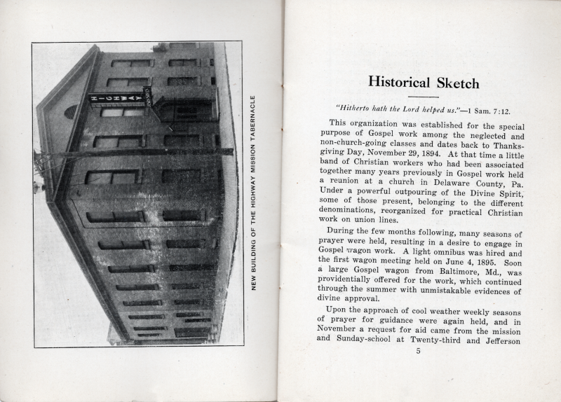 Picture of Highway at Oxford and Ridge with the caption, "New Building of the Highway Tabernacle"; "Historical Sketch" that outlines Highway's history and cites 1 Sam. 7:12