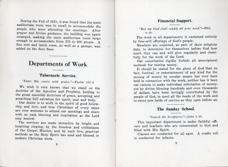 Historical Sketch continued, Departments of Work: Tabernacle Service, Financial Support, The Sunday School
