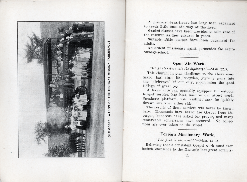 Picture of congregants in the gospel wagon with the caption, "Old Gospel Wagon of the Highway Mission Tabernacle"; Departments of Work: Sunday School continued, Open Air Work, Foreign Missionary Work