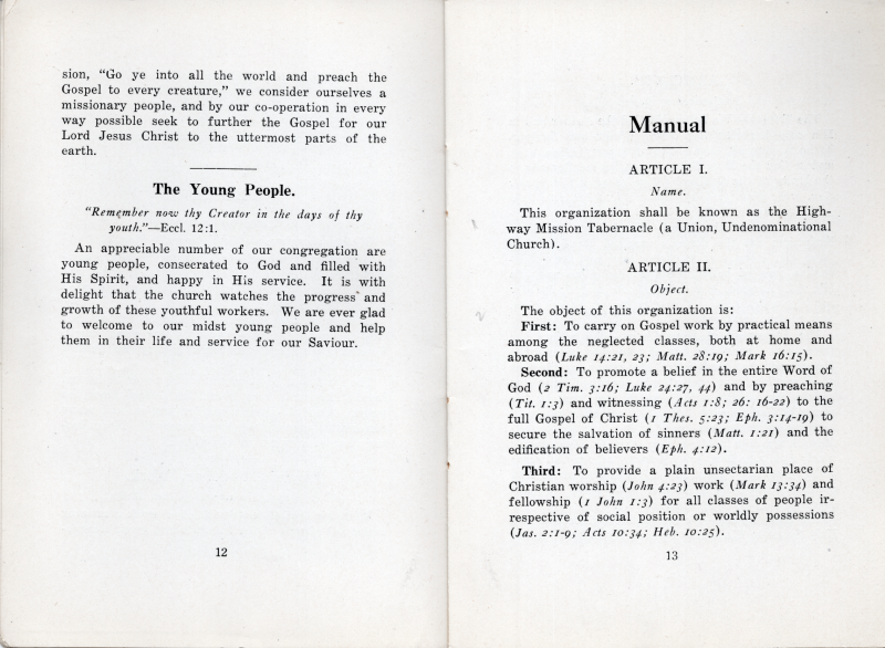 Departments of Work: Foreign Missionary Work continued, The Young People; Manual: Article I- Name, Article II- Object