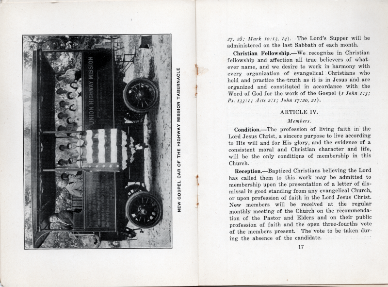 Photograph of the gospel wagon with the caption, "New Gospel Car of the Highway Mission Tabernacle"; Manual: Article III- Outlines of Belief continued, Article IV- Members