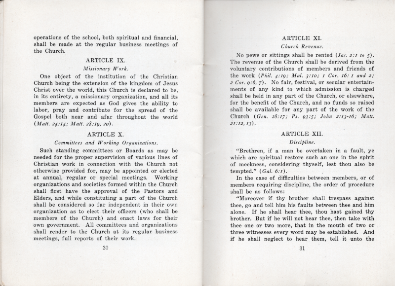 Manual: Article VIII- The Bible School continued, Article IX- Missionary Work, Article X- Committees and Working Organizations, Article XI- Church Revenue, Article XII- Discipline