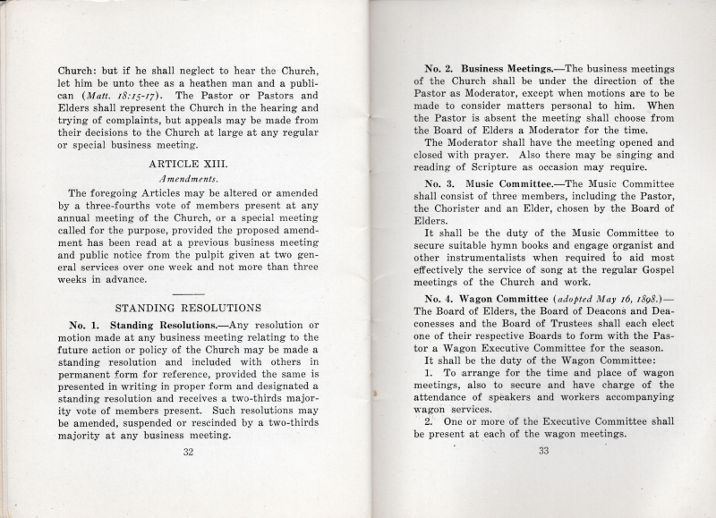 Manual: Article XII- Discipline continued, Article XIII- Amendments; Standing Resolutions: (1) Standing Resolutions, (2) Business Meetings, (3) Music Committee, (4) Wagon Committee