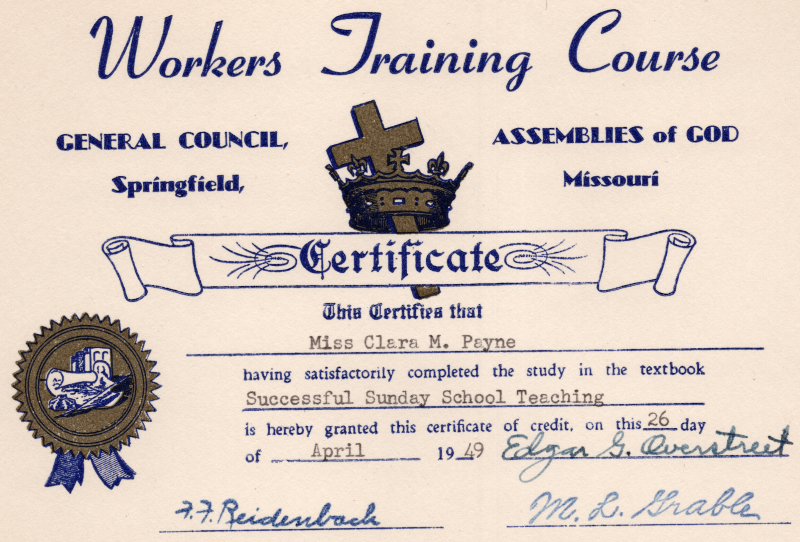 Presented to Clara Payne for "Successful Sunday School Teaching"