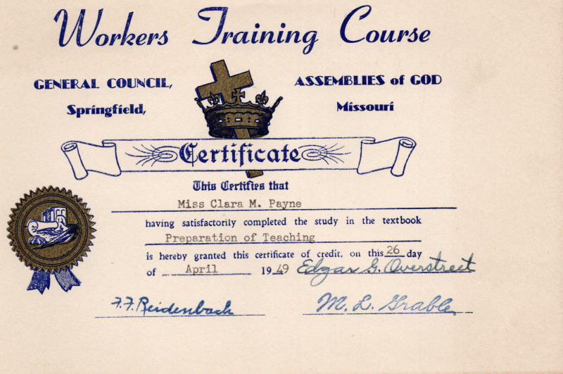 Presented to Clara Payne for "Preparation of Teaching"